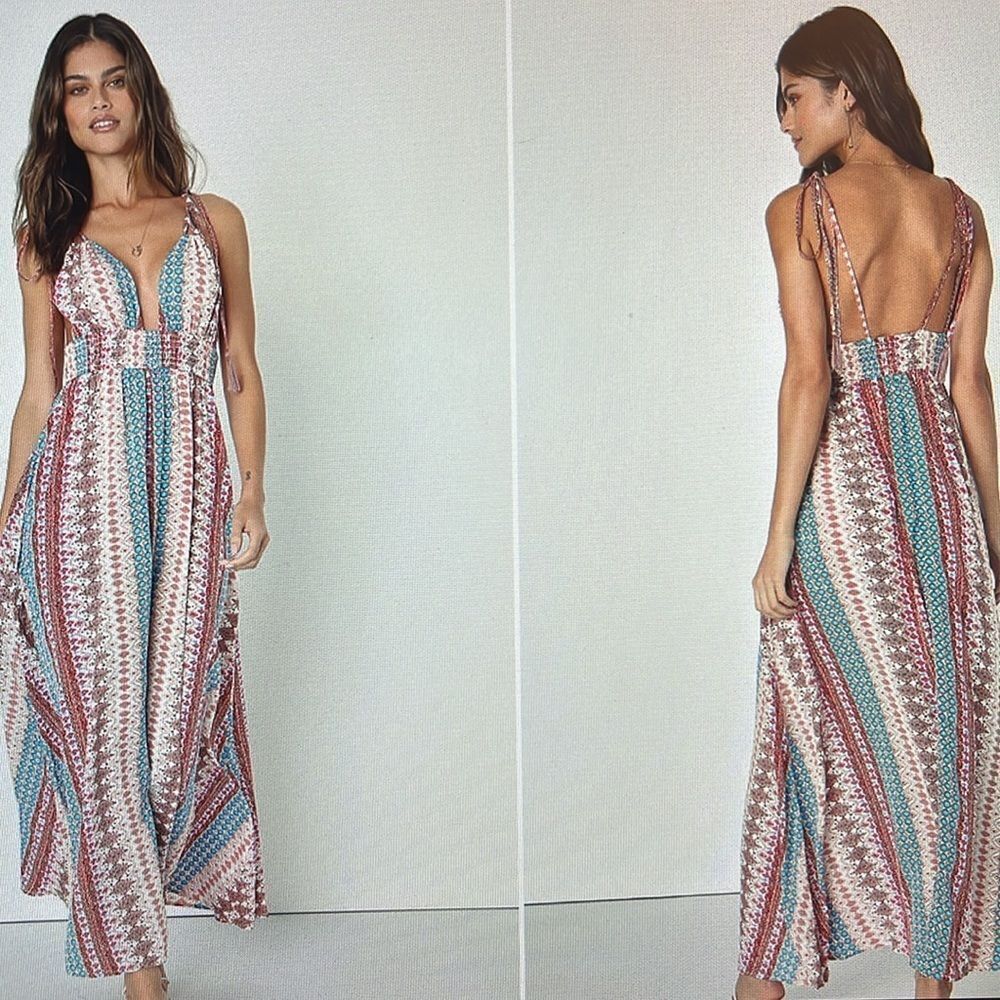 Lulus‎ Maxin' Relaxin' Blue Multi Print Sleeveless Tie-Strap Maxi Dress